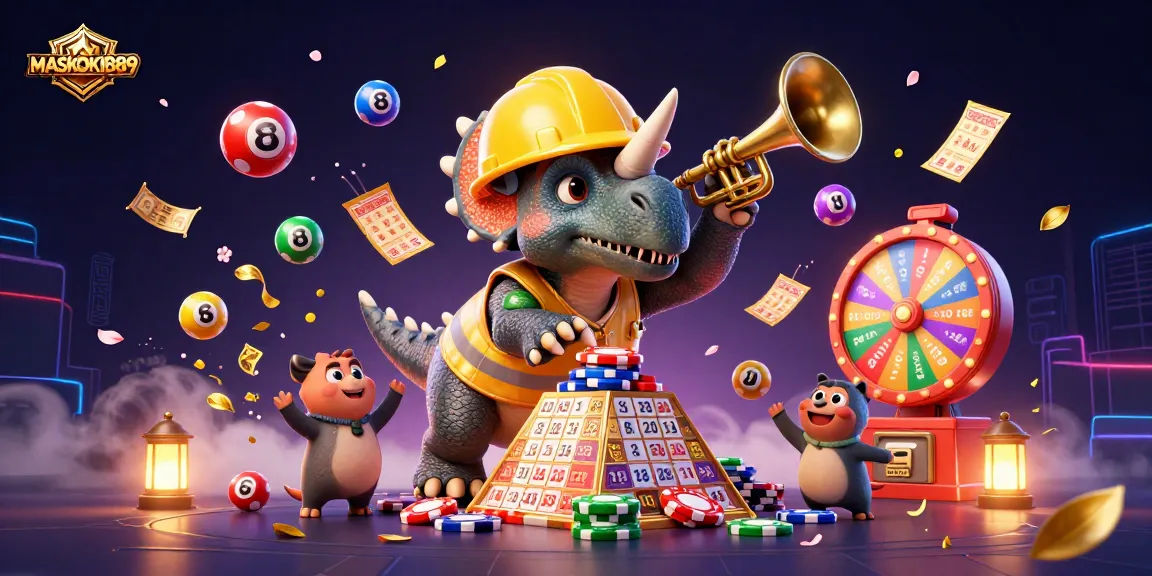 Get ready to win big with MASKOKI889 as the triceratops builds a poker chip pyramid amidst lively casino action.