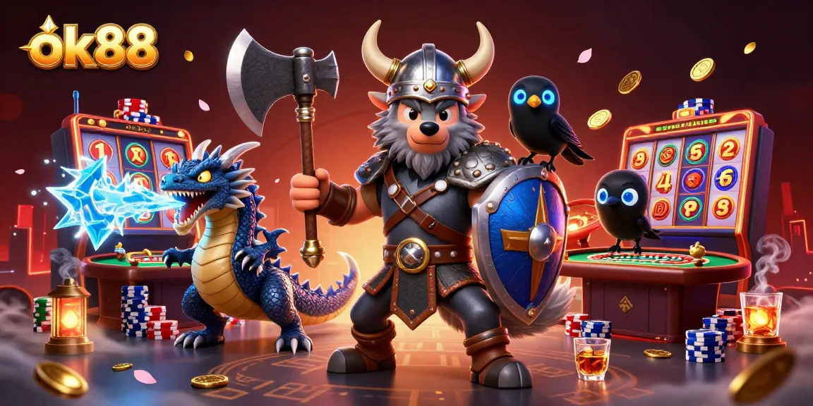 Engage in thrilling gaming at ok88 featuring a Viking warrior, dragon, and casino elements.