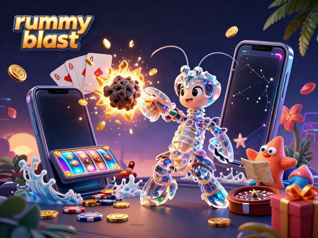 Experience rummy blast with an explosive scene featuring vibrant characters and dynamic gaming elements.