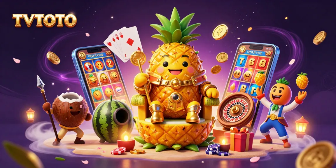 Engage with TVTOTO's vibrant beach casino scene featuring a golden pineapple king and dynamic game elements.
