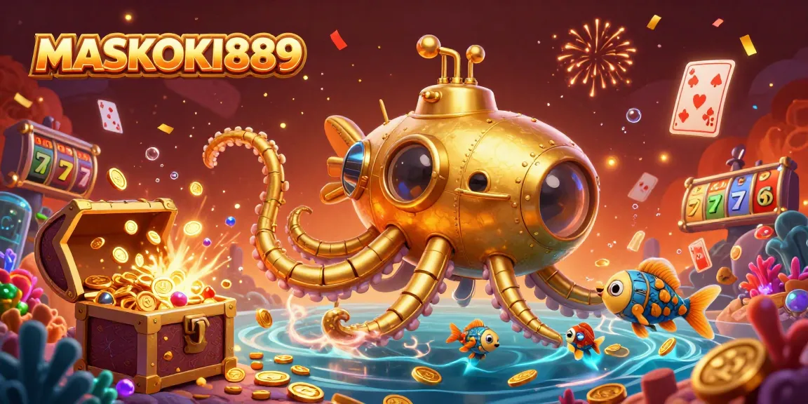 Experience exciting gameplay at MASKOKI889, with a vibrant scene showcasing underwater treasures and casino elements.