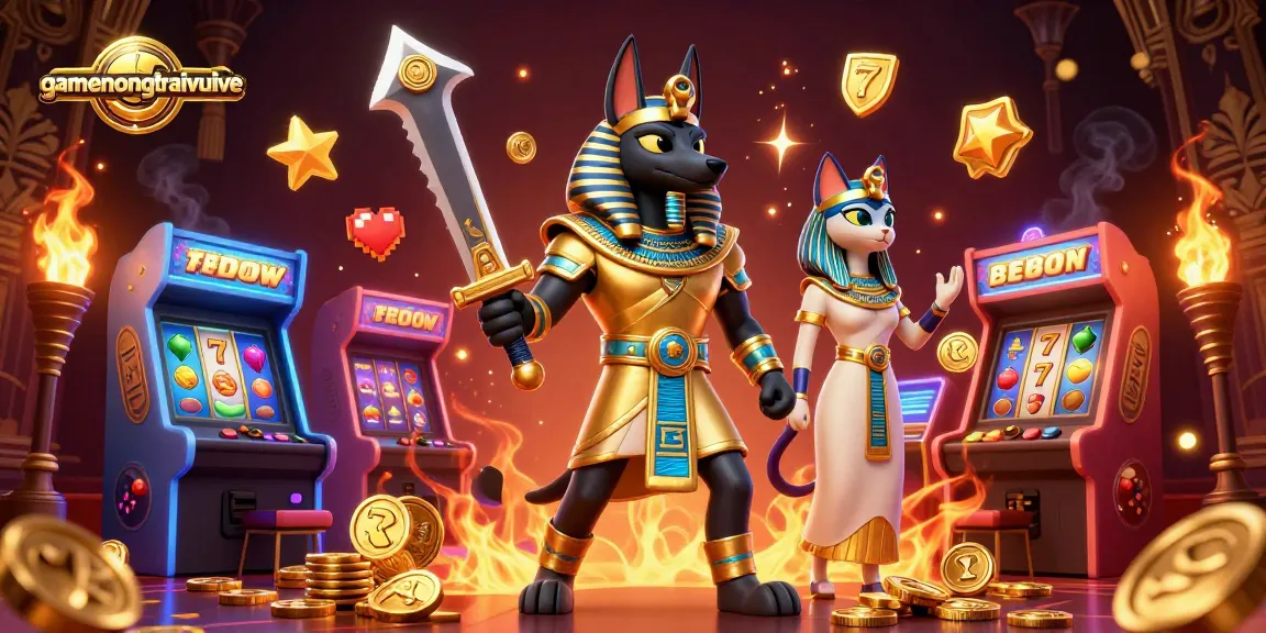 Experience gamenongtraivuive with an ancient Egyptian warrior and casino elements in an enchanting 3D scene.