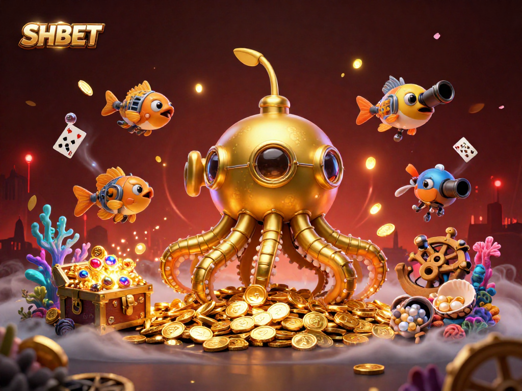 Engage with SHBET's thrilling gaming experience, showcasing a golden kraken submarine amidst coins and treasure.