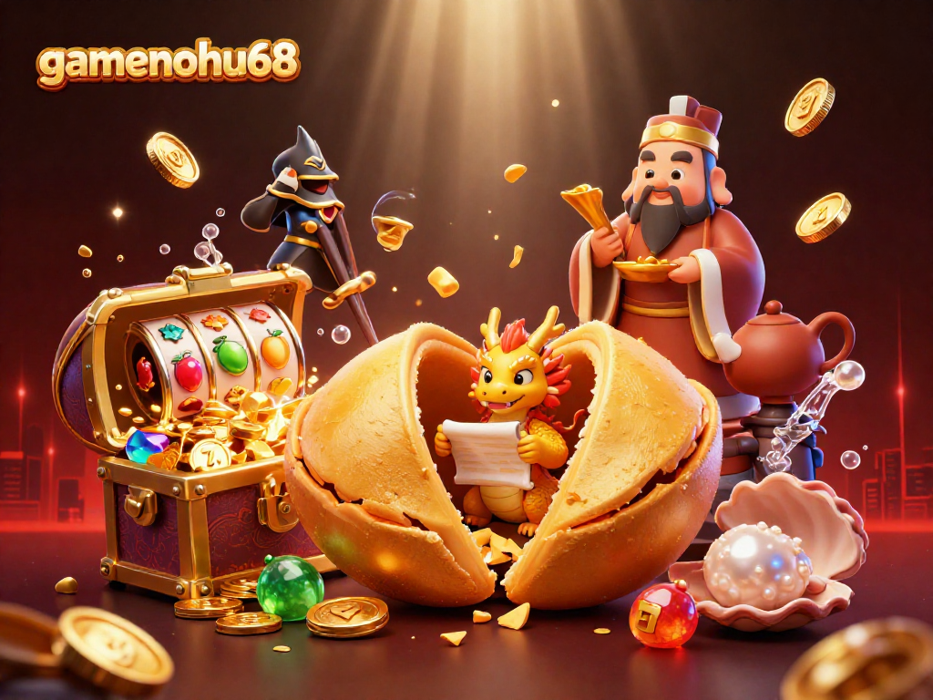 Engage with gamenohu68 through vibrant slot action featuring a giant golden fortune cookie.
