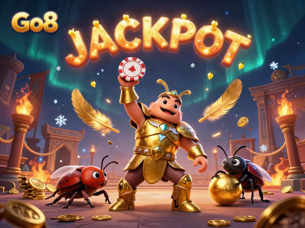 Celebrate big wins with Go8 in this vibrant casino-themed 3D illustration featuring jackpot excitement.