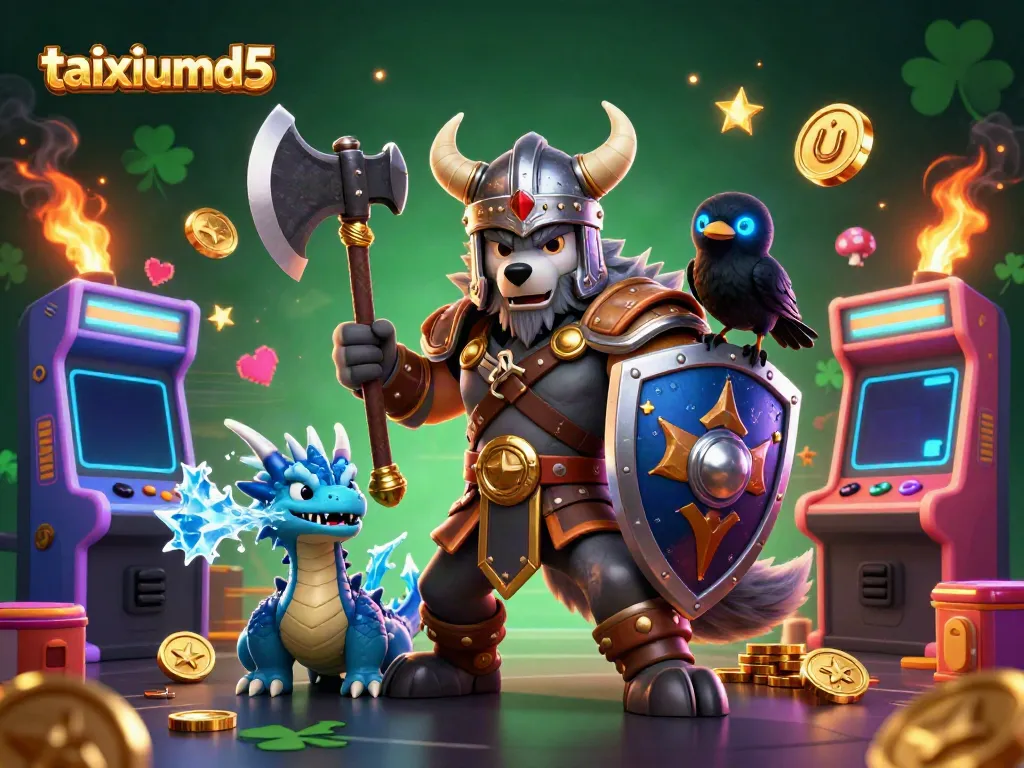 Engage with taixiumd5 featuring a Viking wolf warrior, fierce dragon, and a radiant raven in a vibrant casino-themed scene.