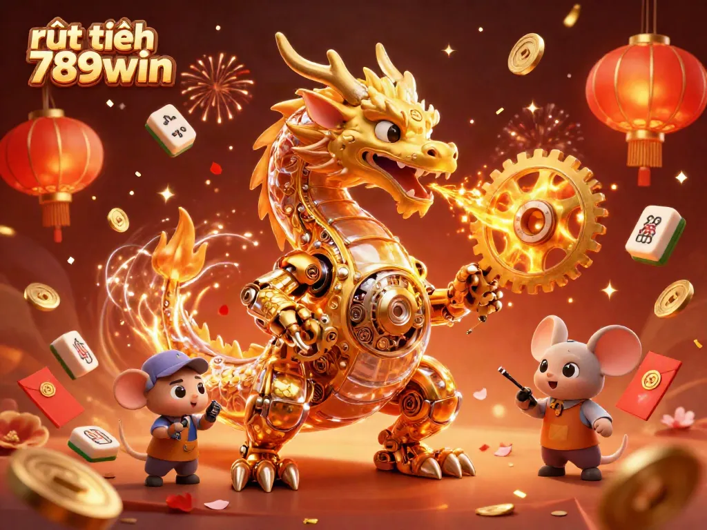 Experience exciting withdrawals with rút tiền 789win, featuring a golden dragon amidst colorful casino elements.