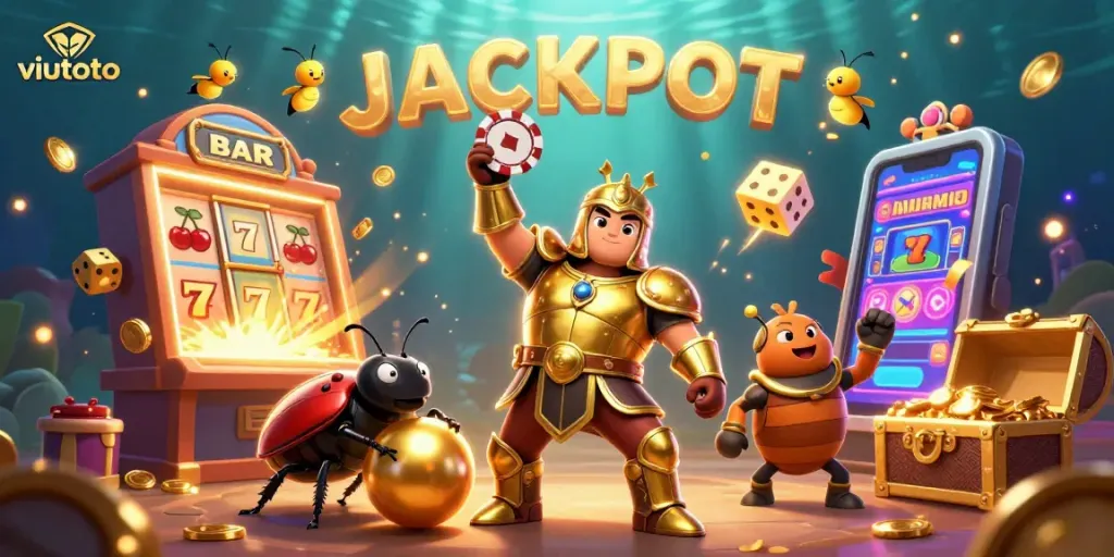 Ilustrasi viutoto dengan pijakan jackpot, karakter unik dan elemen kasino yang menarik.