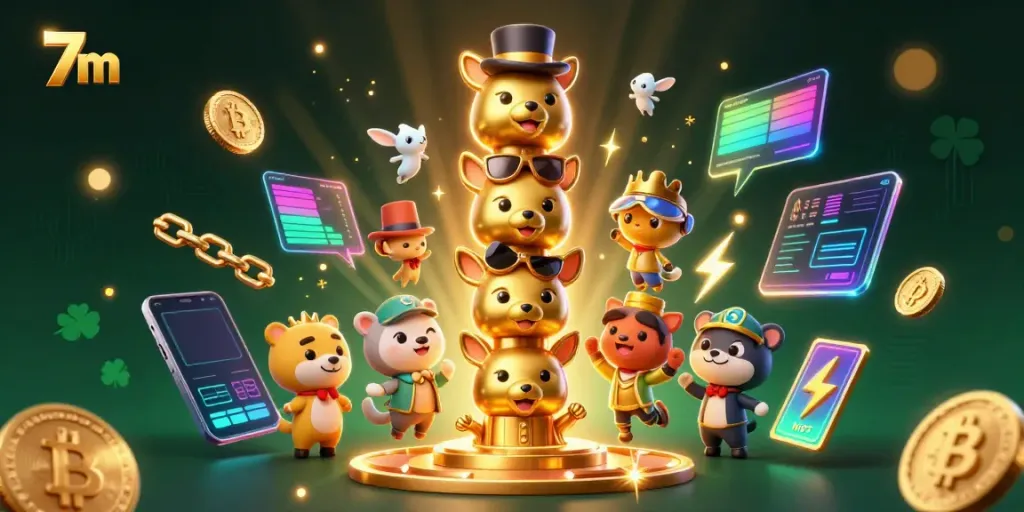 Engage with 7m's dynamic casino world illustrated through vibrant 3D elements and characters.