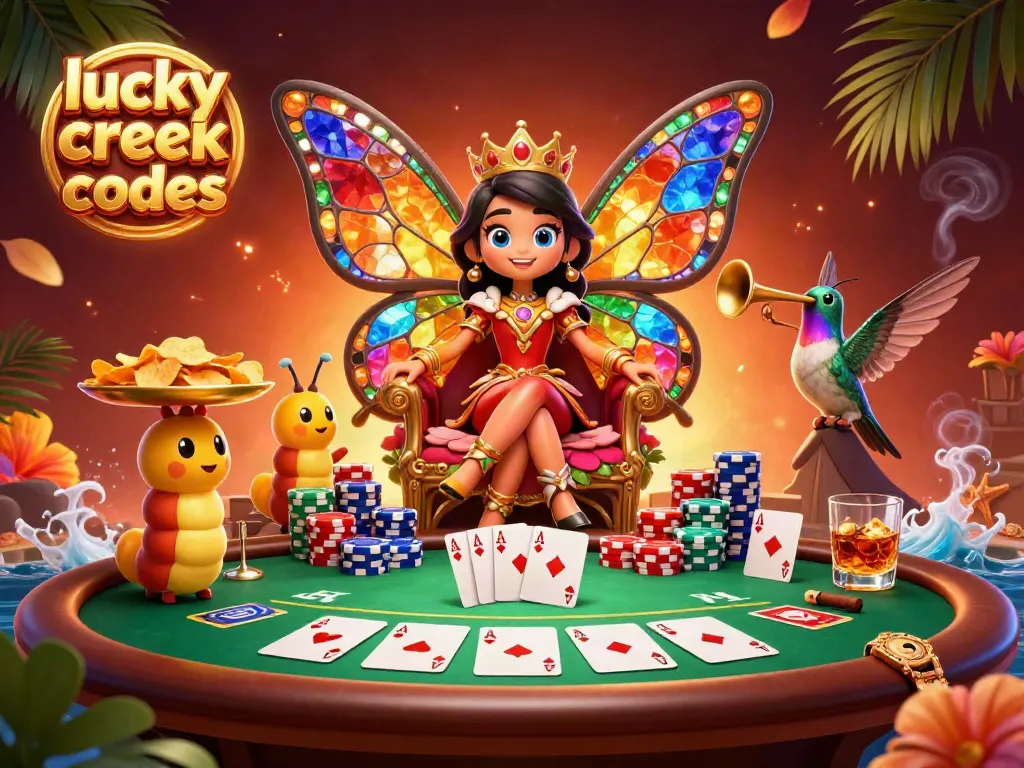 Play with Lucky Creek bonus codes in a vibrant 3D casino scene featuring colorful elements and characters.