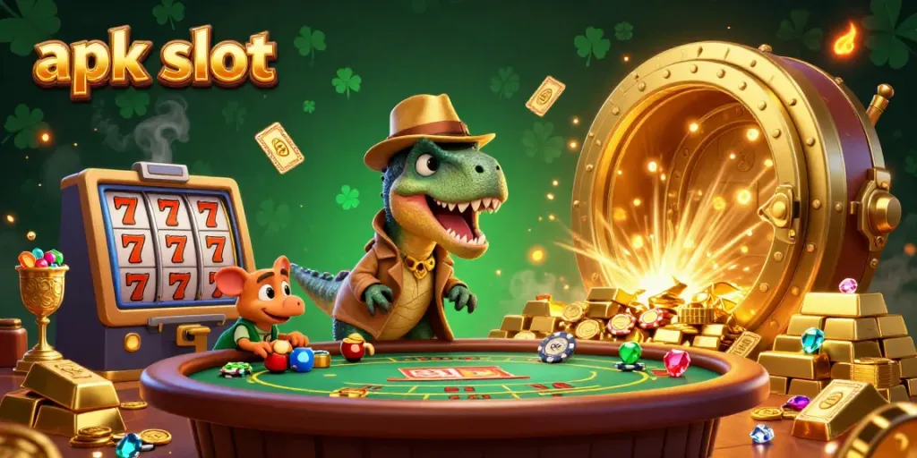 Experience thrilling apk slot games in a vibrant 3D scene with dinosaurs and treasure.