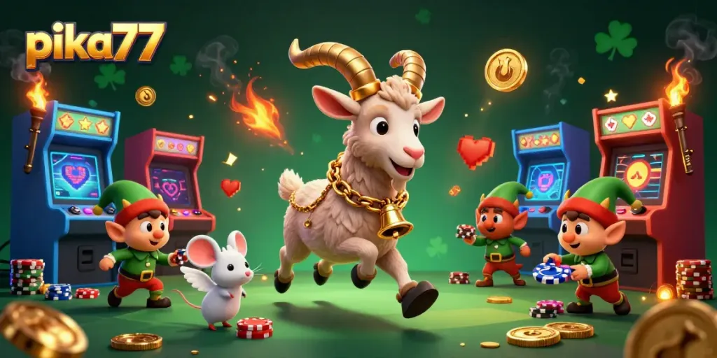 Play exciting games at pika77 with a lively casino scene featuring 3D characters and dynamic elements.