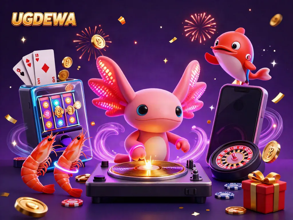 Play exciting games at UGDEWA with a vibrant 3D illustration showcasing fun characters around captivating casino elements.