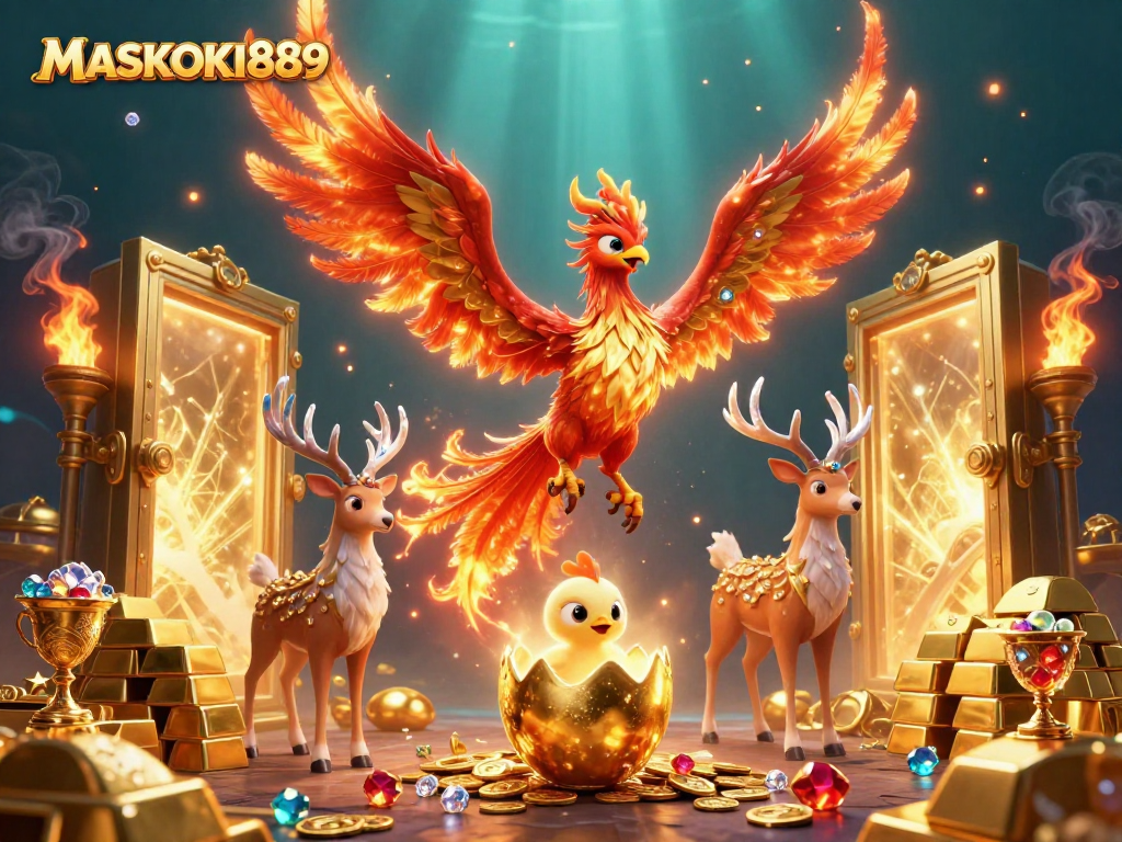 Join the excitement with MASKOKI889 and win big in this vibrant casino scene filled with treasures.