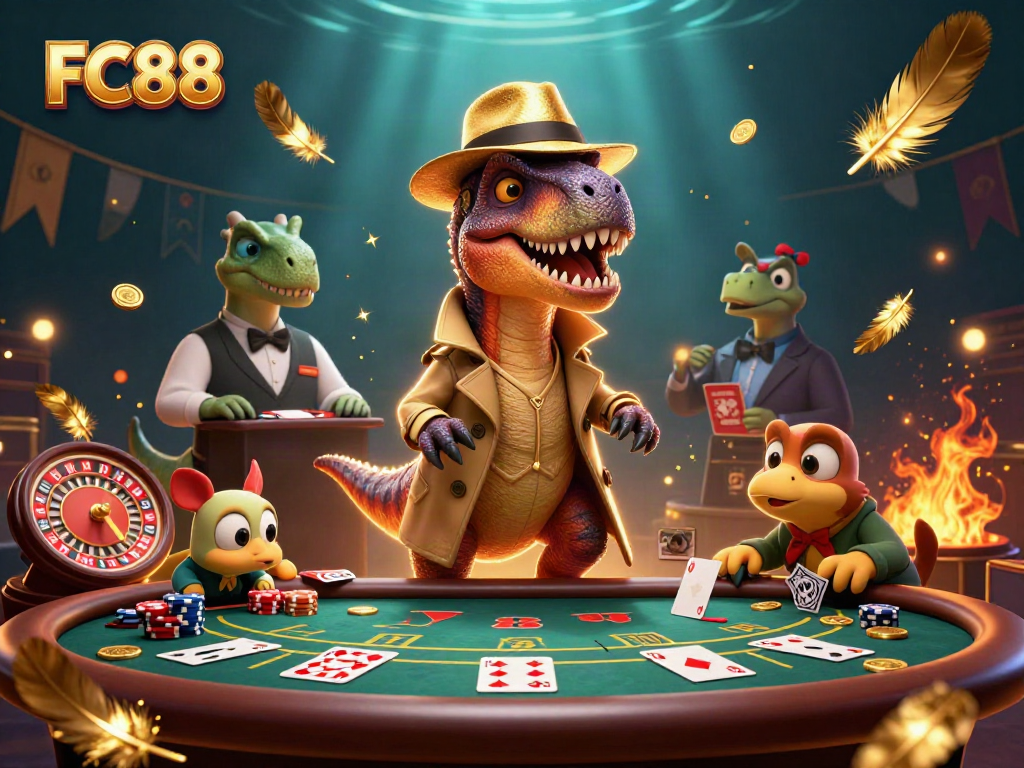 Experience FC88 excitement with a velociraptor card counter at a sports betting table surrounded by dynamic elements.