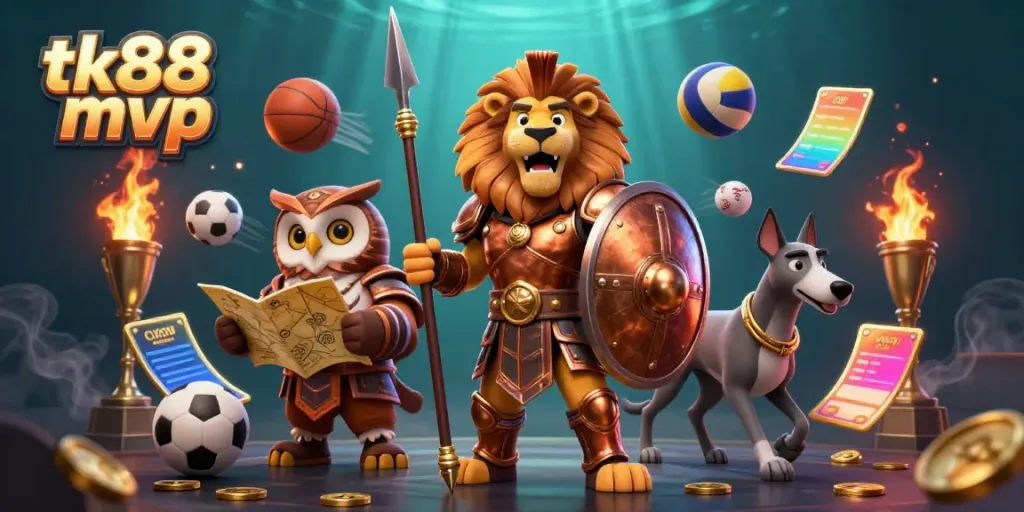 Experience excitement with tk88 mvp as a Spartan lion, owl strategist, and greyhound messenger symbolizing winning strategies in gambling.