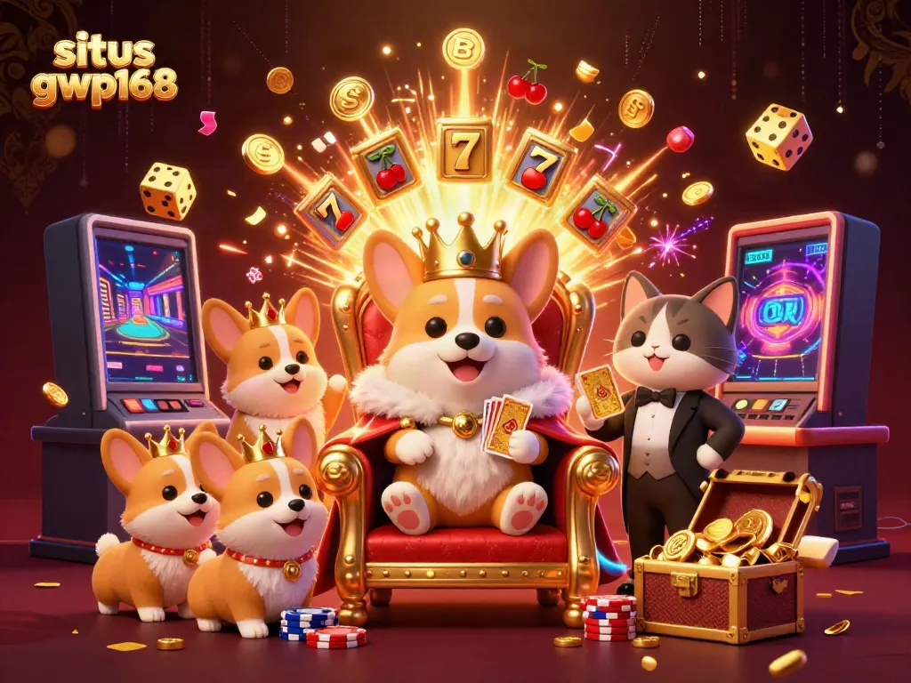 Ilustrasi situs gwp168 menampilkan corgi kerajaan dengan mahkota emas di tengah mesin slot berjuta hingga dipenuhi koin.