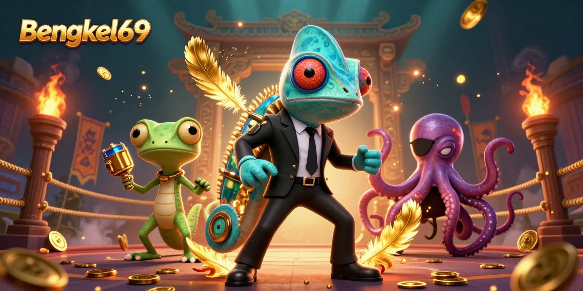 Bengkel69 showcases a dynamic 3D scene featuring a chameleon agent, tech gecko, and octopus in a casino battle arena.