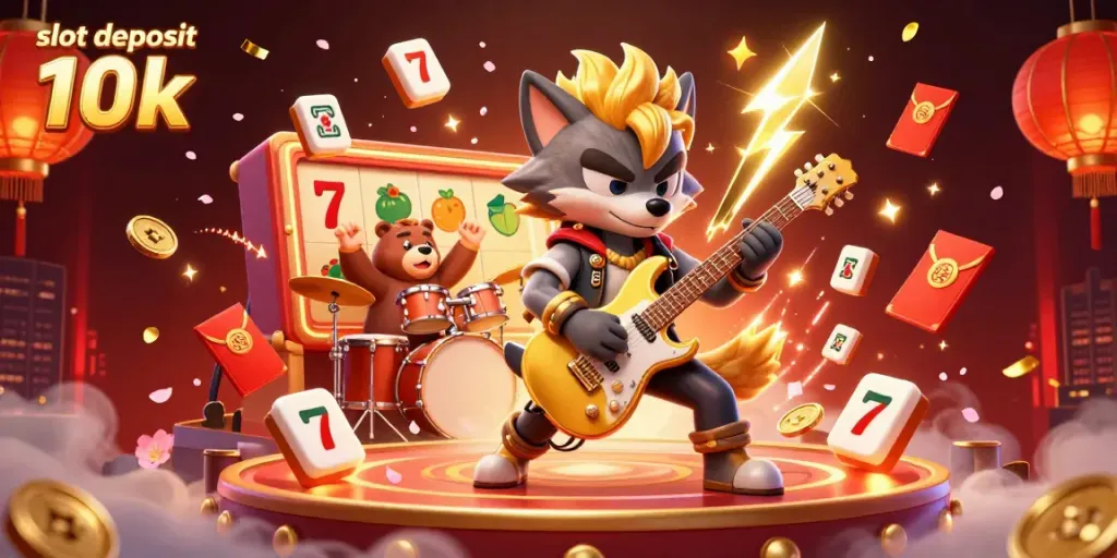 Experience high-energy gameplay with slot deposit 10k, featuring a rock star wolf and dynamic casino elements.