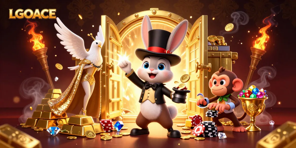 LGOACE showcases a vibrant 3D scene with a magician rabbit, dove, and monkey amidst gold treasures.