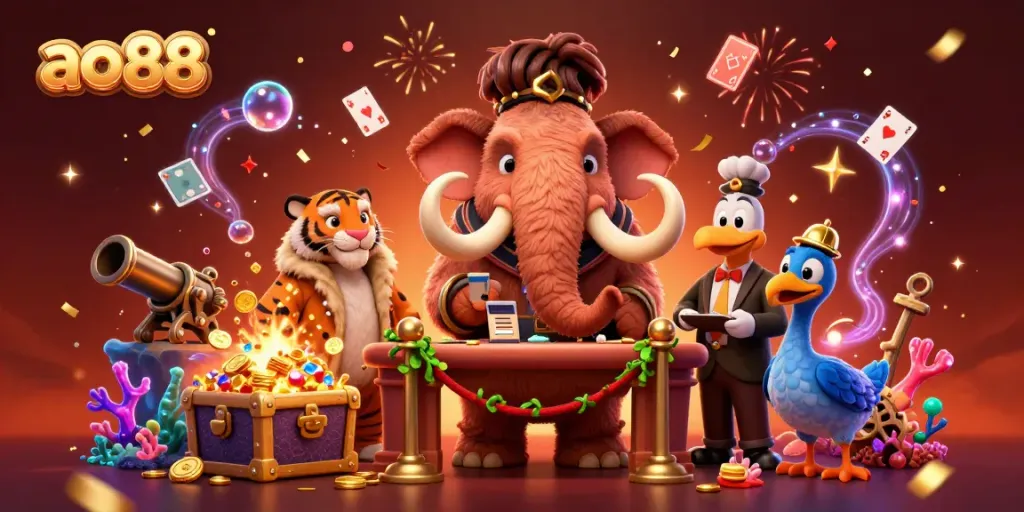 Become a high roller at ao88 with the exclusive VIP entrance scene featuring playful characters.