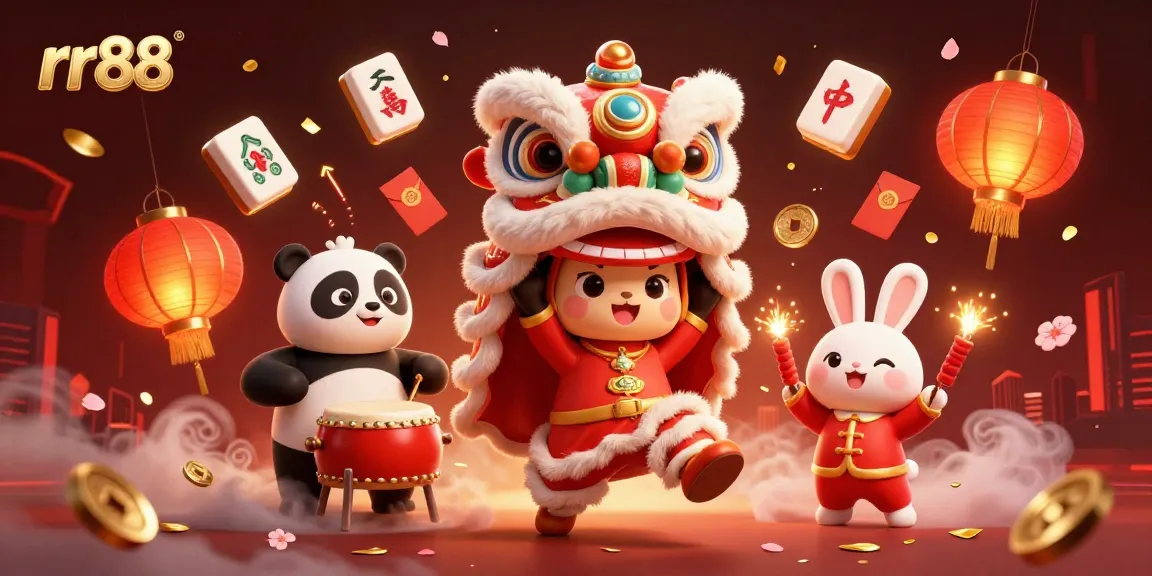 rr88 showcases an exciting lion dance in a festive casino atmosphere with dynamic game elements.