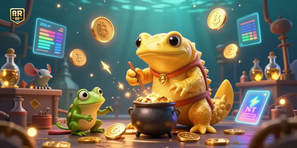 Engage in winning strategies at RR88 with a vibrant 3D casino scene featuring golden alchemy and digital currencies.