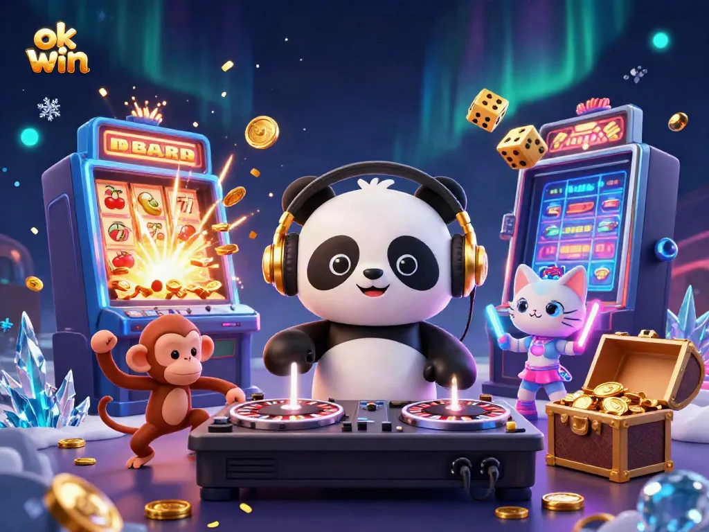 Spin to win with ok win: A vibrant 3D illustration featuring a DJ panda, breakdancing monkey, and glowing kitten surrounded by rich casino elements.