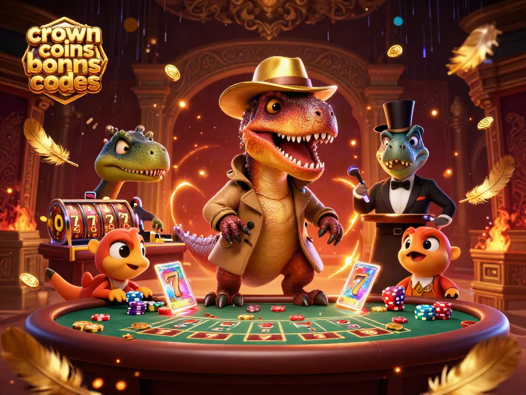 Experience crown coins bonus codes with a whimsical velociraptor and casino atmosphere.