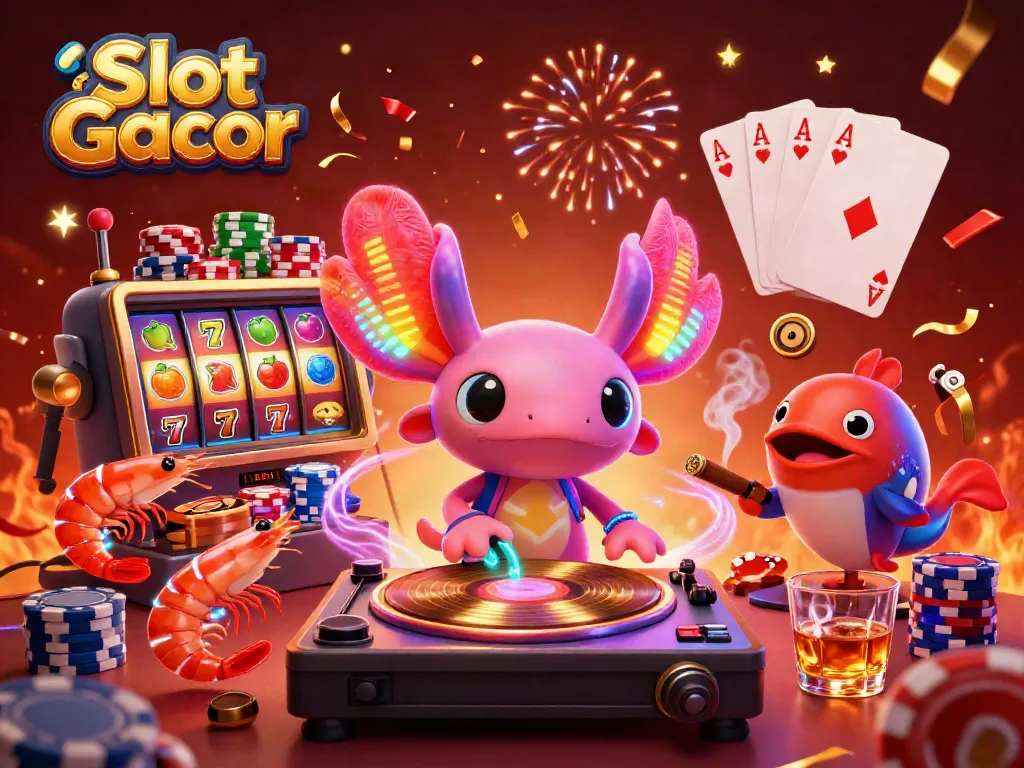 Experience Slot Gacor excitement with a dynamic cartoon scene featuring neon characters and vibrant slot elements.