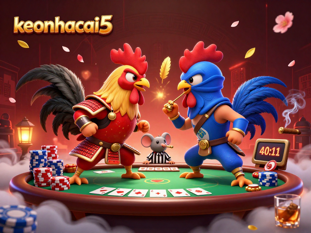 Engage in thrilling poker action with keonhacai5 showcasing epic rooster showdowns and colorful game elements.