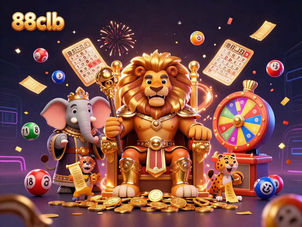 Experience the thrill of 88clb with this exciting 3D scene featuring a lion king, lottery elements, and vibrant celebration.