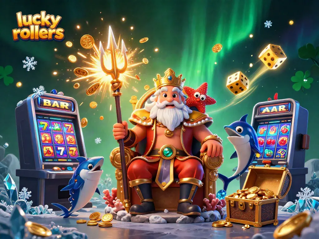 Experience the excitement of lucky rollers with Neptune, a samurai, and treasure in this vibrant casino scene.