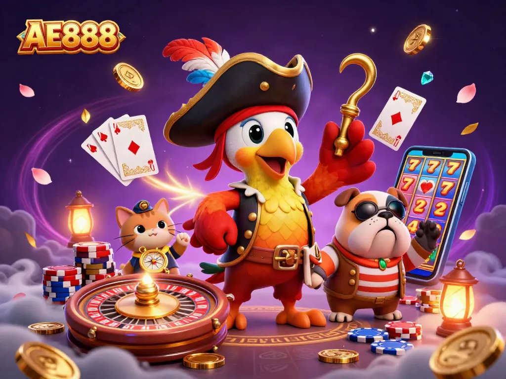 Engage with AE888's vibrant casino adventure featuring pirate characters, vibrant chips, and spinning roulette.