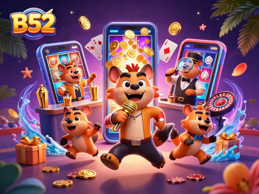 B52 hyenas entertain in a vibrant casino while mixing drinks and checking IDs, creating excitement.