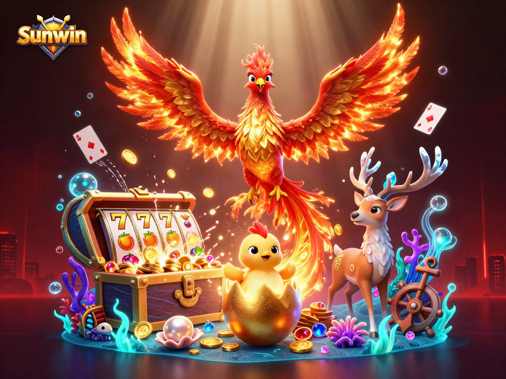Experience the excitement of sunwin with this vibrant, engaging 3D casino illustration featuring dynamic gaming elements.