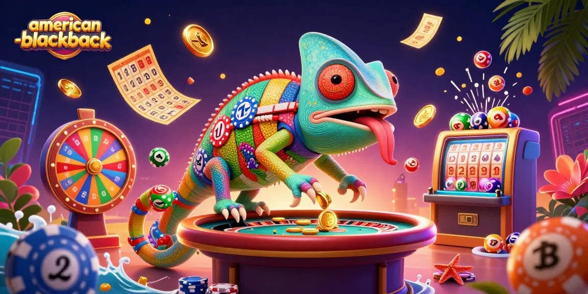 Engage in American Blackjack with the vibrant chameleon casino owner amidst colorful game elements.