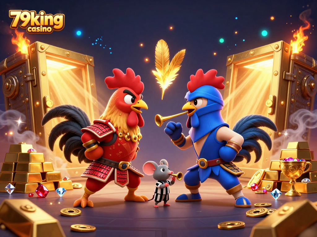 Exciting showdown between roosters at 79king casino amidst flying coins and treasures.