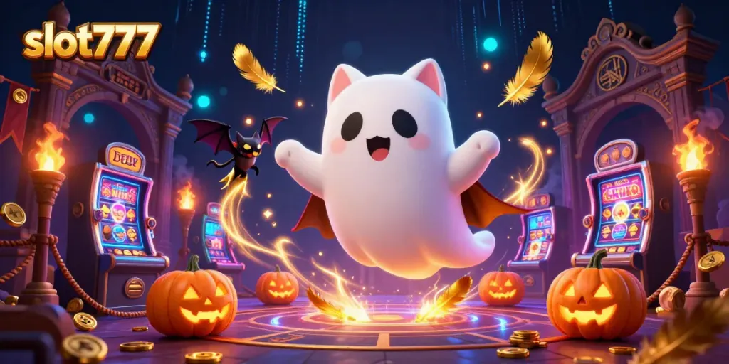 Slot777 menghadirkan kucing hantu 3D beratraksi di kasino, simbol jackpot, dan cahaya berkilau di sekelilingnya.
