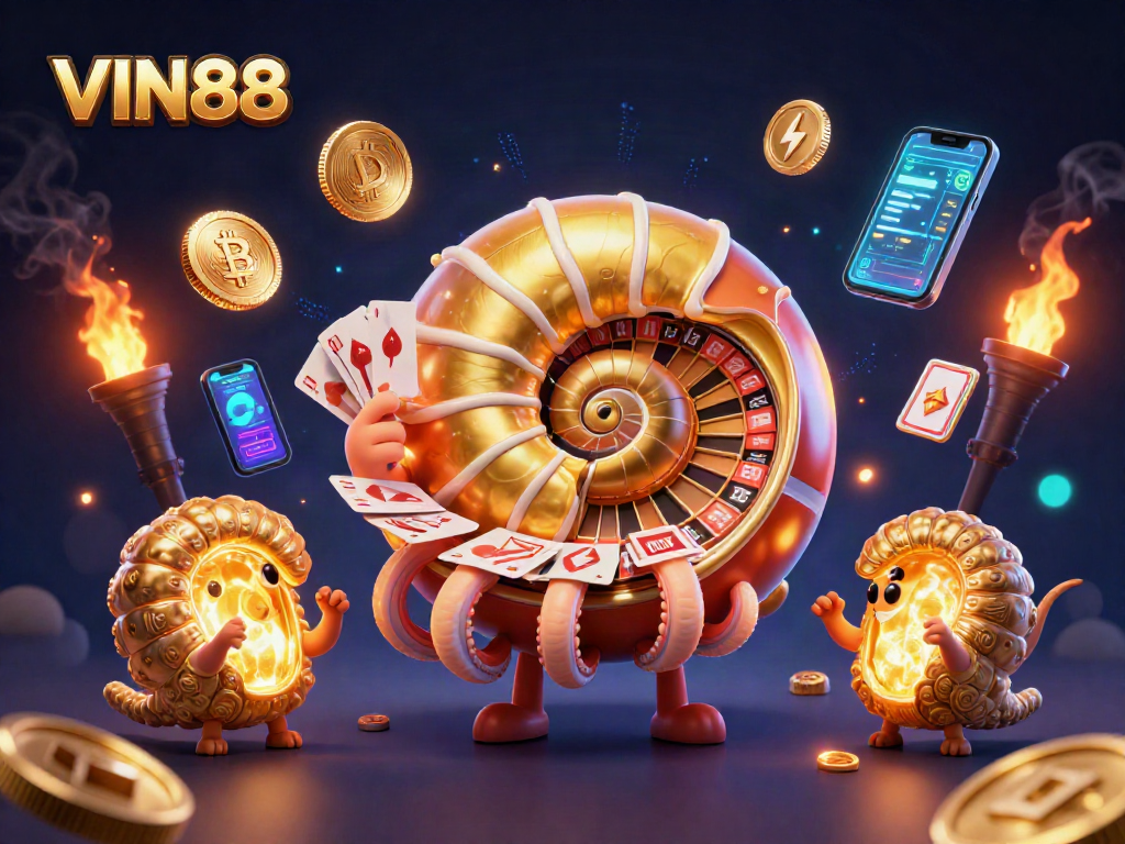 Play and win with VIN88's exciting games featuring vibrant neon crypto themes and interactive cards.