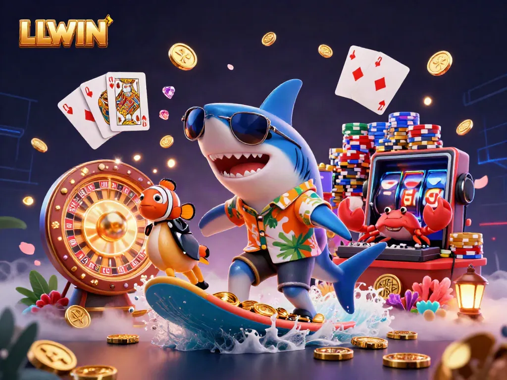 Experience thrilling gaming at LLWIN with a 3D shark surfing coins, vibrant casino elements in action.