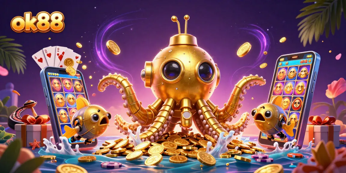 Win big at ok88 with vibrant casino-themed artwork showcasing golden kraken and slot games.
