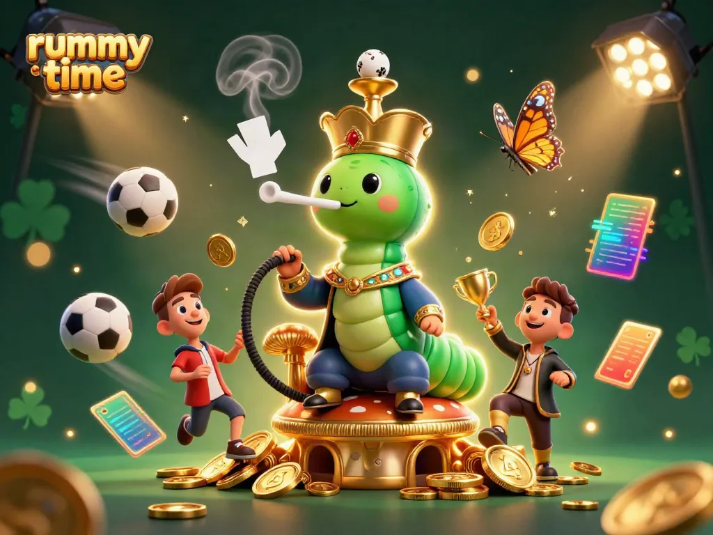 Engaging rummy time illustration showcasing a magical caterpillar character with elaborate elements and casino motifs.