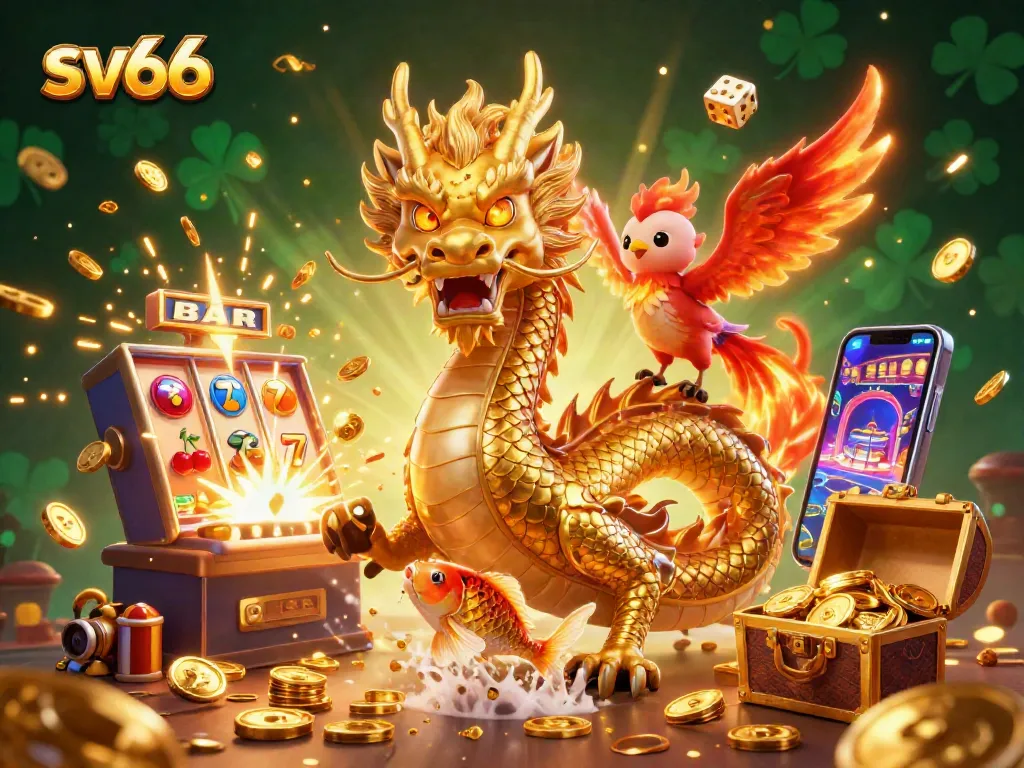 Experience thrilling wins at sv66 with a vibrant 3D casino scene featuring a golden dragon and phoenix.