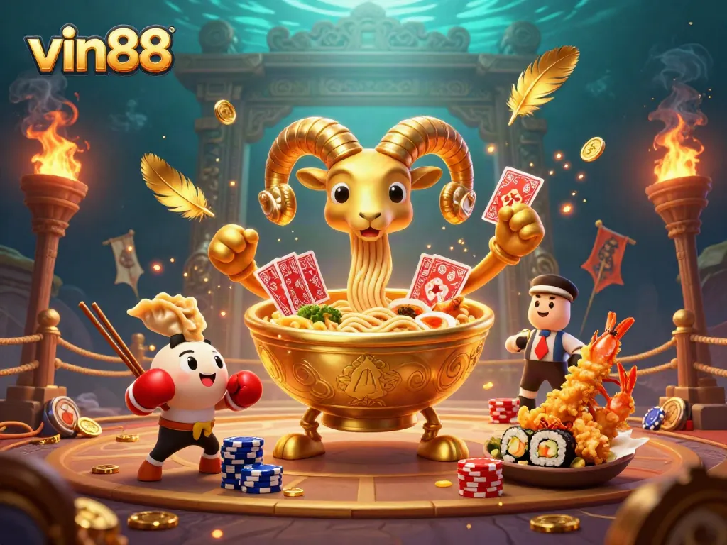 Experience excitement at vin88 with a giant golden ramen bowl dealing cards in a vibrant casino scene.