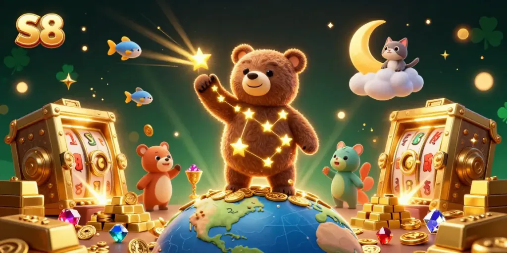 S8 casino illustration showcasing a constellational bear scooping coins amidst luxury treasures.
