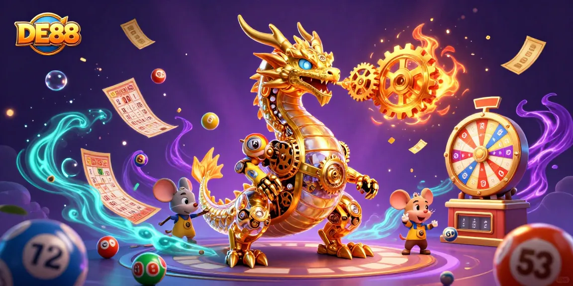 Experience the excitement of DE88 with a dynamic scene featuring a golden dragon and lottery elements in an immersive casino atmosphere.