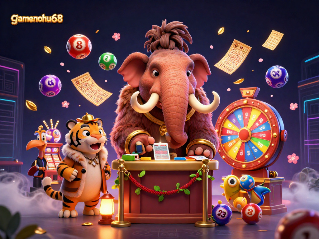 Experience gambling excitement with gamenohu68 in a vibrant, lively casino scenario featuring colorful lottery elements.
