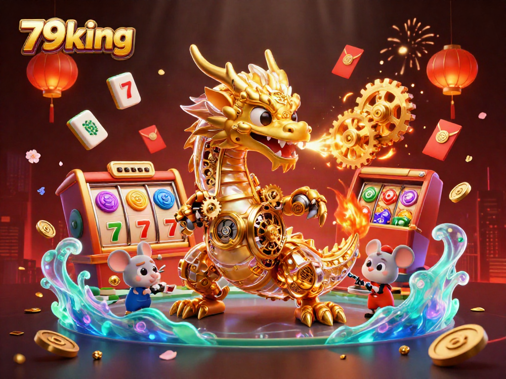 Engage in thrilling gameplay at 79king with a vibrant scene of slot reels, a golden dragon, and festive elements.