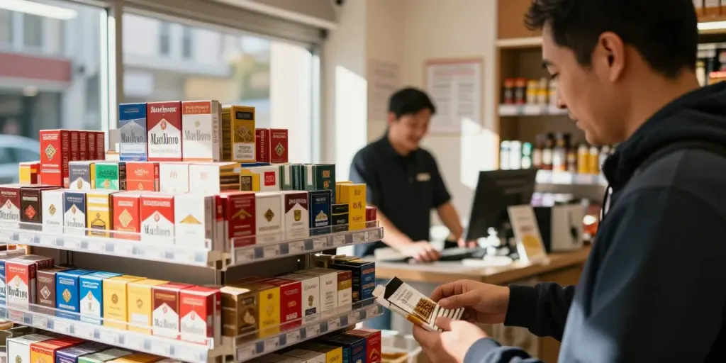 A consumer exploring a modern tobacco shop for cheap tobacco and cigarettes online, showcasing organized displays and popular brands.
